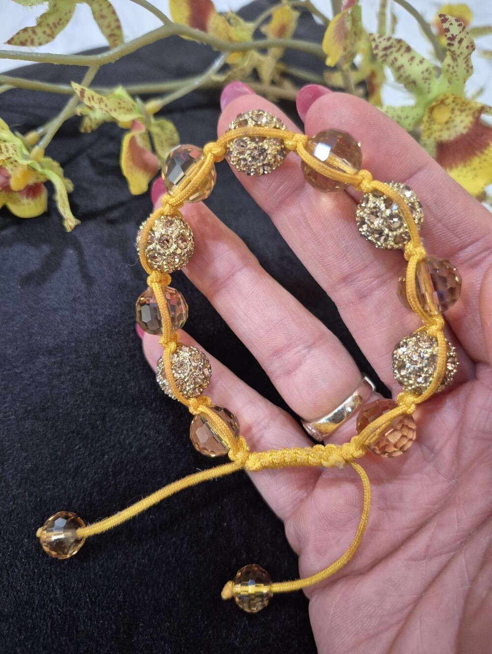 Handmade Gold Bead & Amber Crystal Adjustable Bracelet